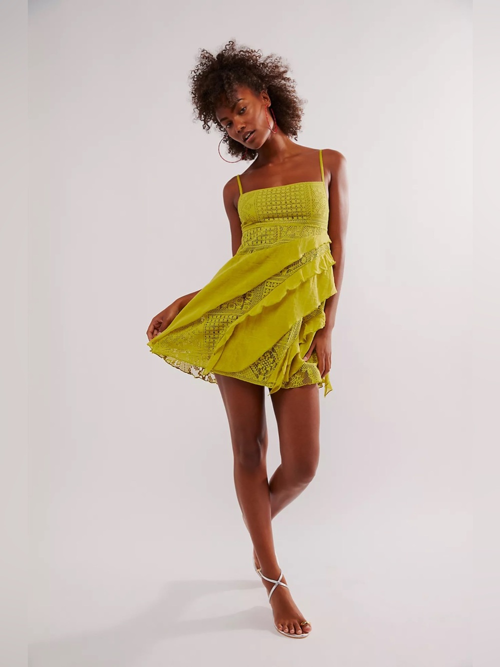 Free People FP One Florine Chartreuse Ruffled Chartreuse Slip Mini Dress small